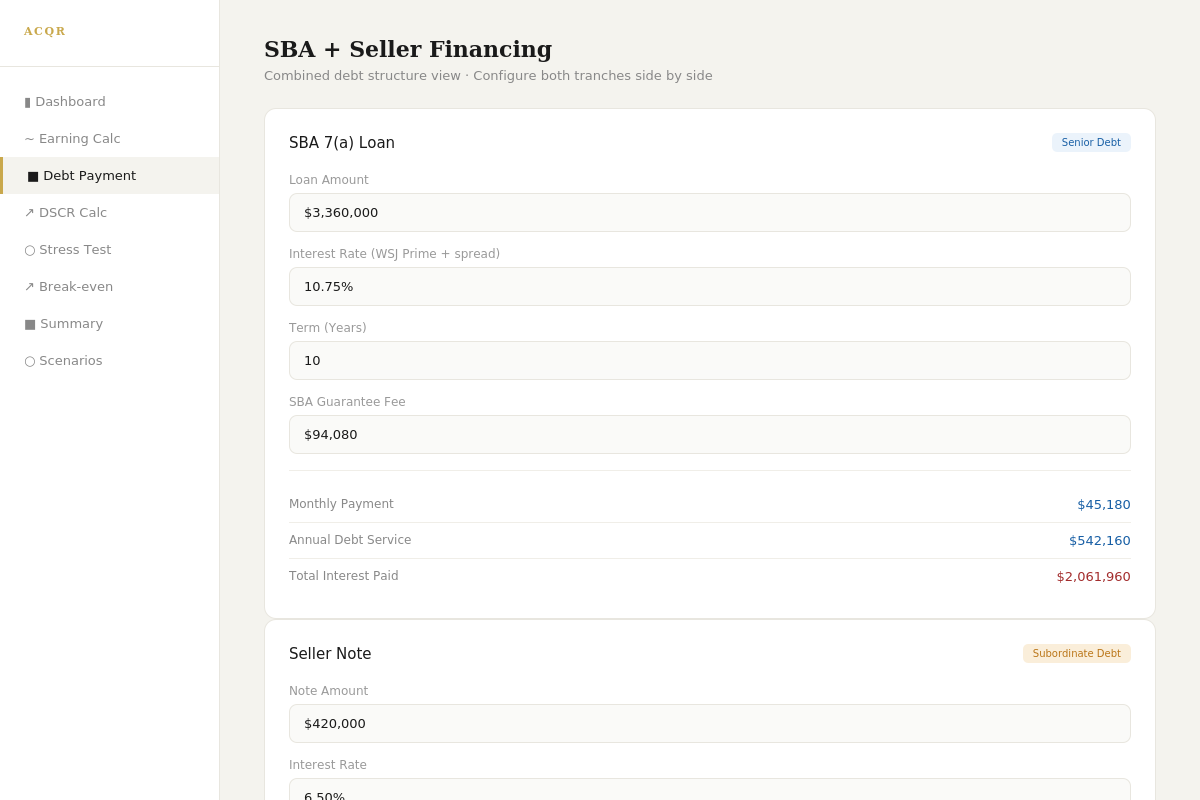SBA and seller financing combined view