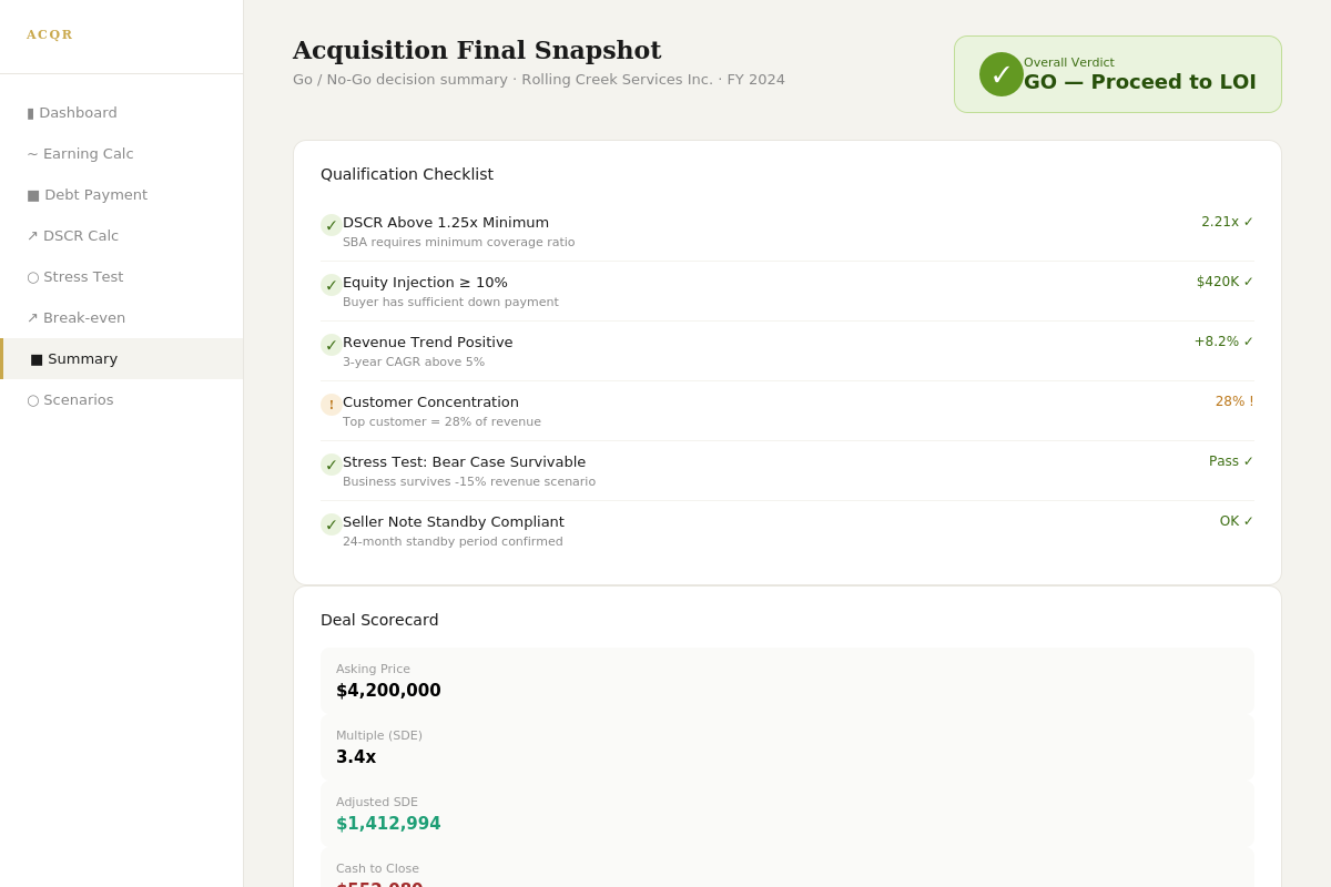 Go no-go acquisition financial snapshot